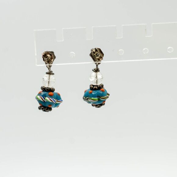 Lampwork glass bead earrings dangle blue venetian millifiori - Picture 2 of 2